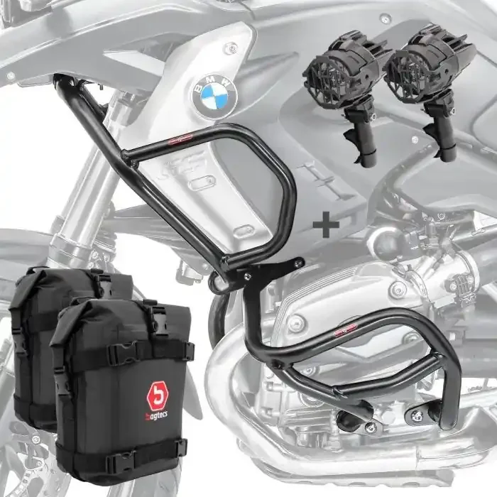 Set Engine Guard + Auxiliary lights L2 compatible with BMW R 1200 GS 08-12 + bags Motoguard black