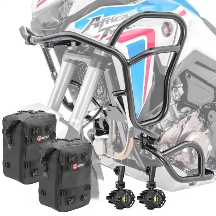 Set Engine Guard XL + Auxiliary lights compatible with Honda Africa Twin 1100 20-23 + bags Motoguard black CB8